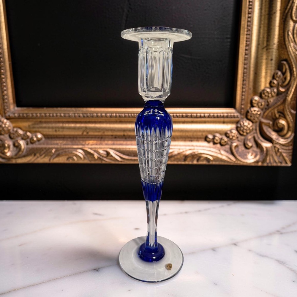 Pairpoint Vintage EUC Cobalt Blue Cut Crystal 12”Candle Holder Original Sticker